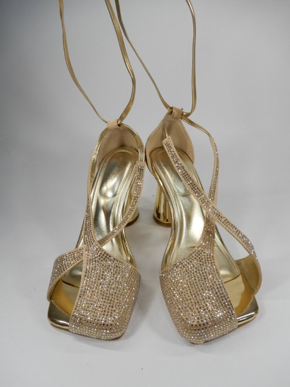 AZALEA WANG Builany Pump Sandals 7 Gold Rhinestone Lace-Up Heels Square Toe NEW - Picture 7 of 14